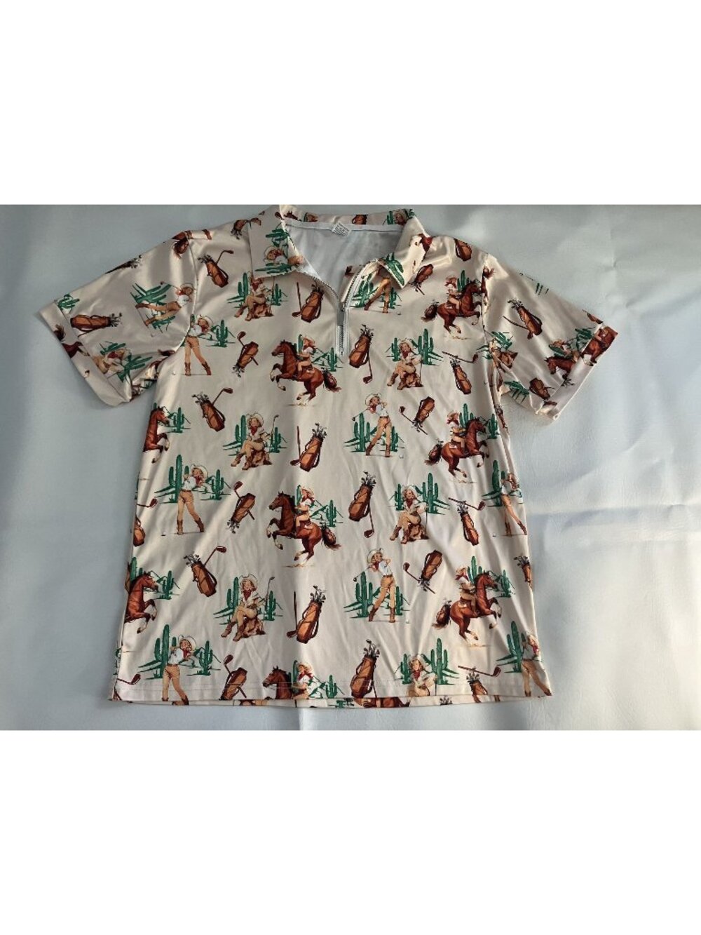 Vintage-Inspired Golf Print Polo Shirt With Western Cowgirl Theme Short Sleeve M